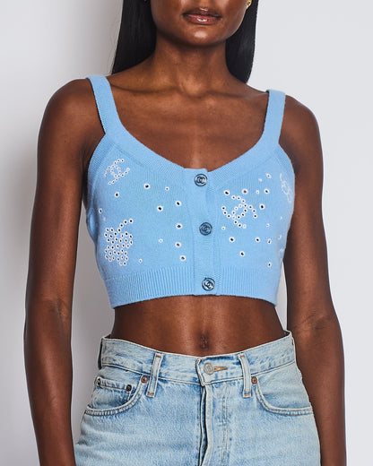 Chanel S/S 2023 Sky Blue Knitted Cropped Top with CC Logo & Shamrock Embroidery Details Size FR 38 (UK 10)