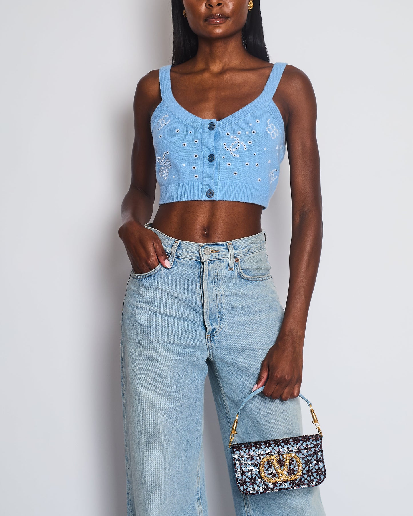 Chanel S/S 2023 Sky Blue Knitted Cropped Top with CC Logo & Shamrock Embroidery Details Size FR 38 (UK 10)
