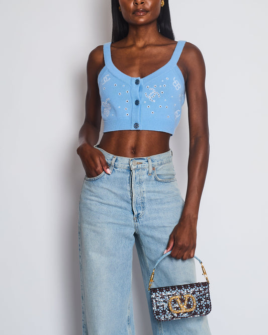 Chanel S/S 2023 Sky Blue Knitted Cropped Top with CC Logo & Shamrock Embroidery Details Size FR 38 (UK 10)