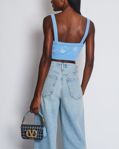 Chanel S/S 2023 Sky Blue Knitted Cropped Top with CC Logo & Shamrock Embroidery Details Size FR 38 (UK 10)