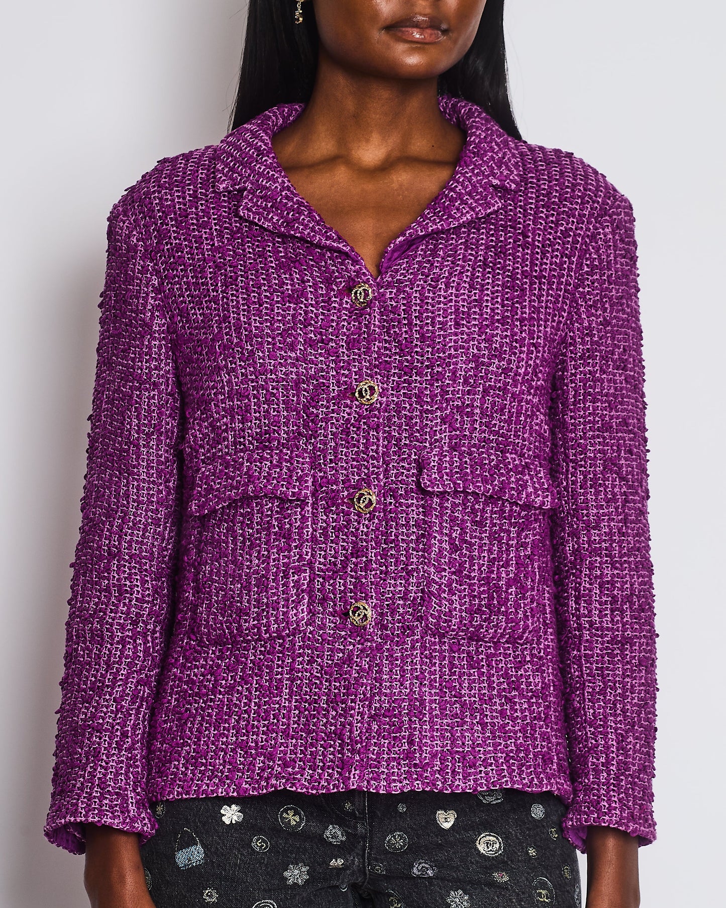 Chanel 21C Purple Tweed Blazer with CC Buttons and Pockets Detail Size FR 44 (UK 16)