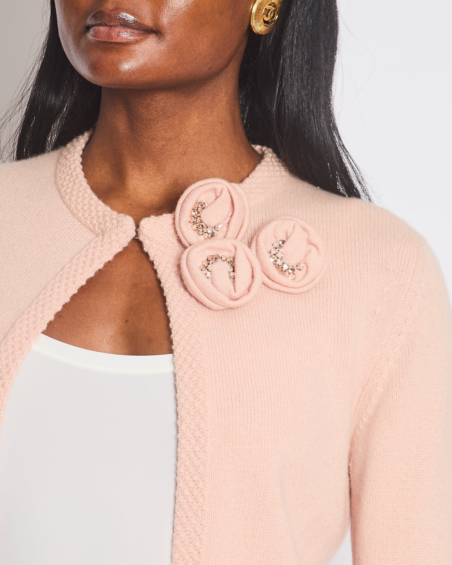 Chanel 05/S Vintage Pink Cashmere Cardigan with Floral Crystals Size FR 38 (UK 10)