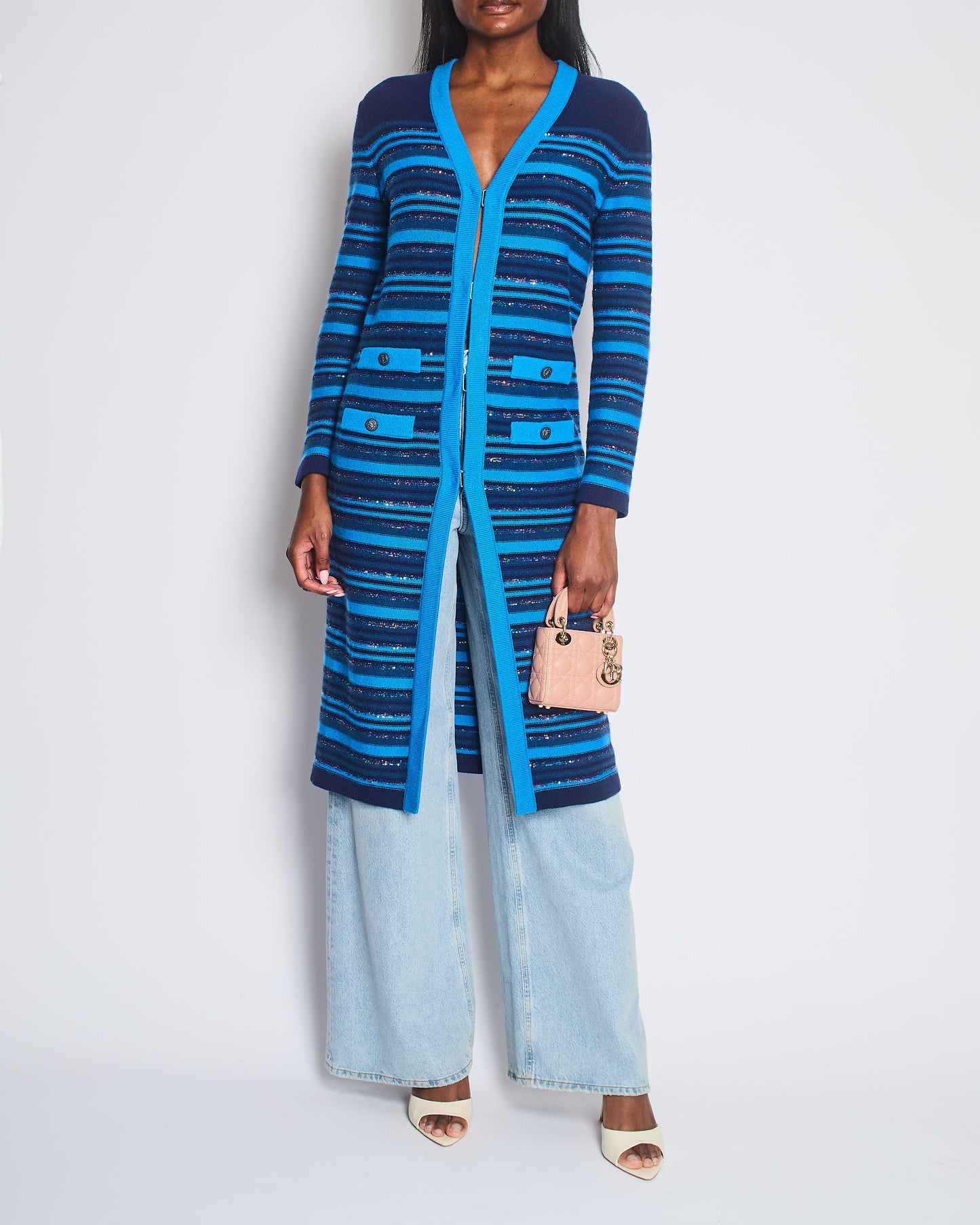 Chanel 20C Blue and Navy Cashmere Striped Long Cardigan with Multicolour Sequins Detail and Silver Camelia CC Buttons Size FR 36 (UK 8)