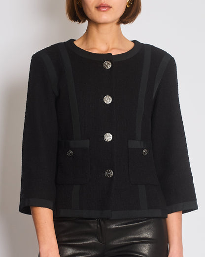 Chanel 13/P Black Vintage Tweed Jacket with Ribbed Fabric Trim Details and Silver CC Logo Star Buttons Size FR 38 (UK 10)