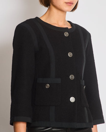 Chanel 13/P Black Vintage Tweed Jacket with Ribbed Fabric Trim Details and Silver CC Logo Star Buttons Size FR 38 (UK 10)