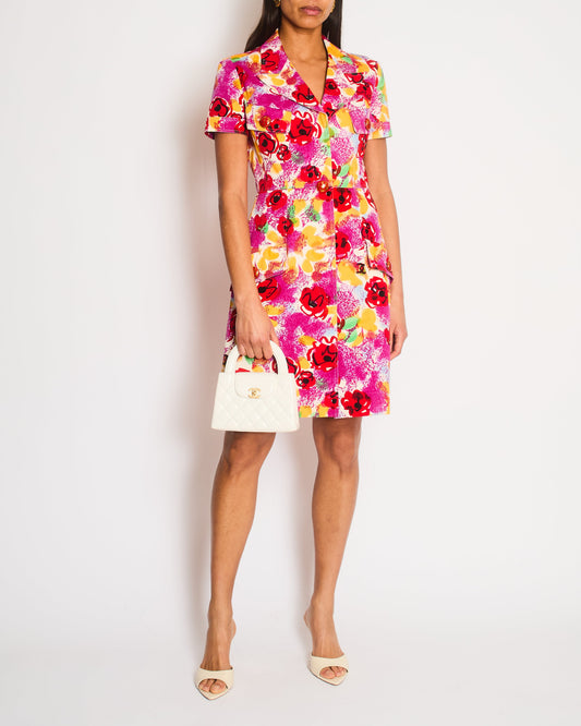 Chanel Vintage 97P Pink Multi-Colour Short Sleeved Mini Dress with Camelia Prints and Gold CC Buttons Size FR 40 (UK 12)