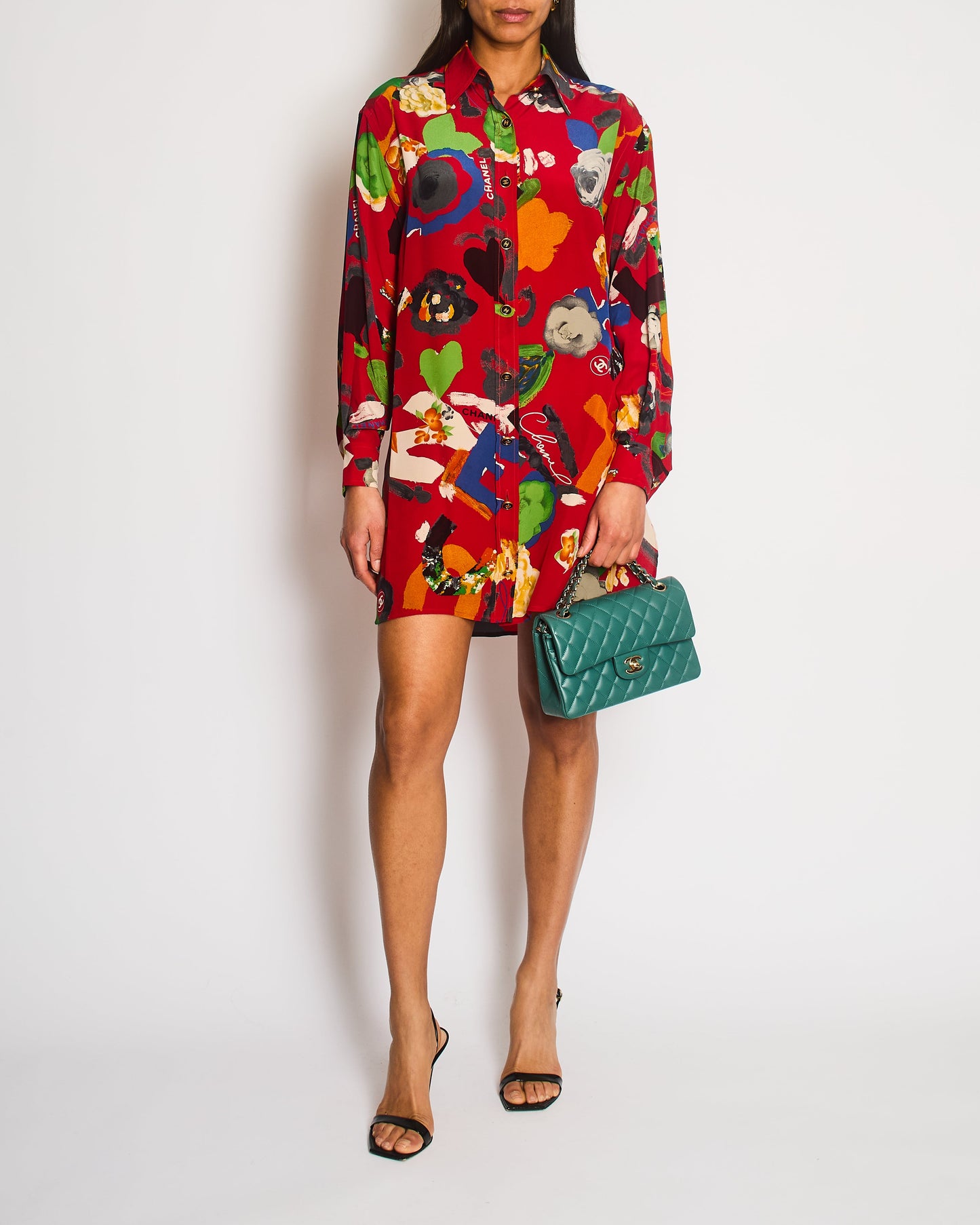 Chanel Vintage 92P Red Mini Shirt Dress with Multi-Colour Camelia and Logo Prints with Black and Gold CC Logo Buttons Details Size FR 38/40 (UK 10/12)