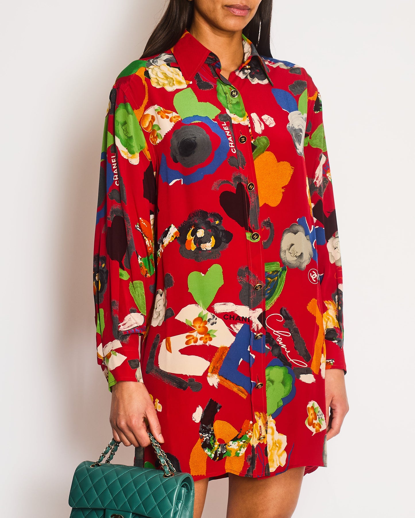 Chanel Vintage 92P Red Mini Shirt Dress with Multi-Colour Camelia and Logo Prints with Black and Gold CC Logo Buttons Details Size FR 38/40 (UK 10/12)