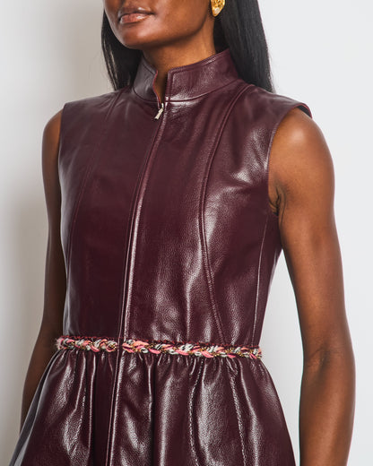 Chanel 2023 Burgundy Bordeaux Leather Gilet with Tweed Trim and Peplum Hem Size FR 36 (UK 8)