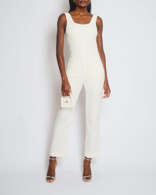 Chanel 23/M White Tweed Coco Beach Backless Jumpsuit with Crystal CC Logo Size FR 36 (UK 8)