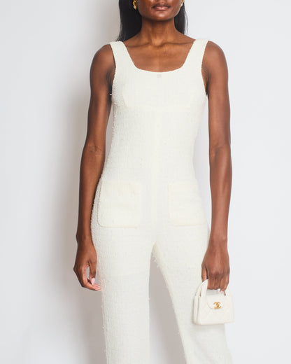 Chanel 23/M White Tweed Coco Beach Backless Jumpsuit with Crystal CC Logo Size FR 36 (UK 8)