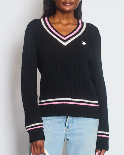 Chanel 23/P Black Cable-Knit V-Neck Long Sleeve Jumper with Pink and White Stripe Detail and CC Logo Size FR 40 (UK 12)