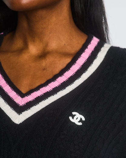 Chanel 23/P Black Cable-Knit V-Neck Long Sleeve Jumper with Pink and White Stripe Detail and CC Logo Size FR 40 (UK 12)