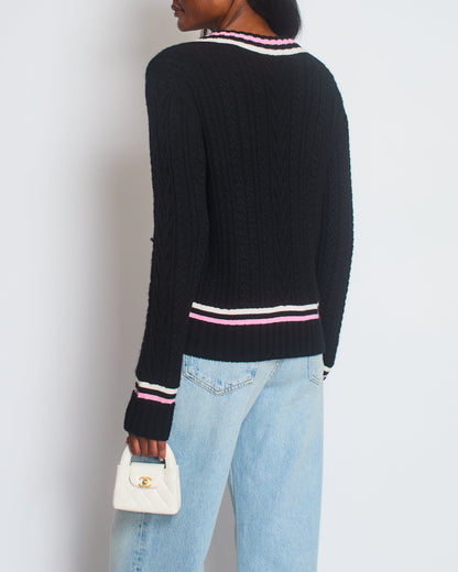 Chanel 23/P Black Cable-Knit V-Neck Long Sleeve Jumper with Pink and White Stripe Detail and CC Logo Size FR 40 (UK 12)