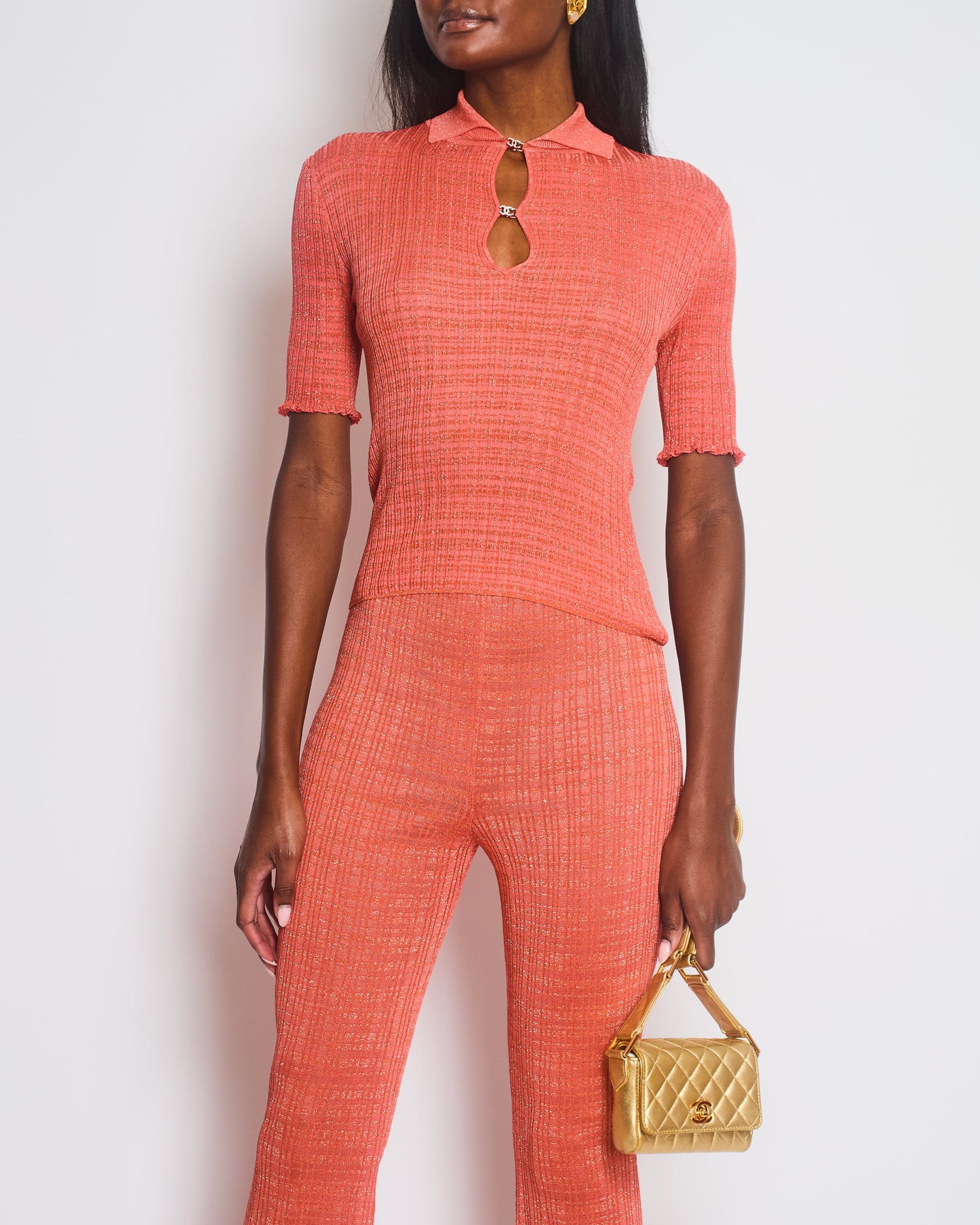 Chanel 22/P Coral Ribbed Knit Short Sleeve Top and Trousers with Silver CC Logo Detail Size FR 34-36 (UK 6-8)
