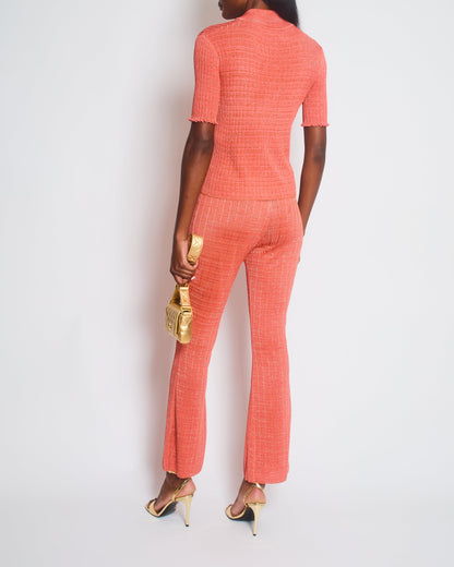 Chanel 22/P Coral Ribbed Knit Short Sleeve Top and Trousers with Silver CC Logo Detail Size FR 34-36 (UK 6-8)