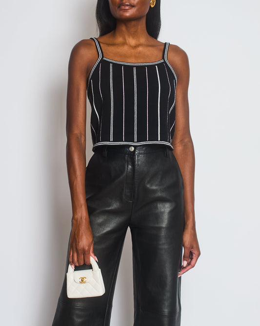 Chanel 23/P Black Knitted Vest Top with White & Light Pink Stripes Detail Size FR 38 (UK 10)