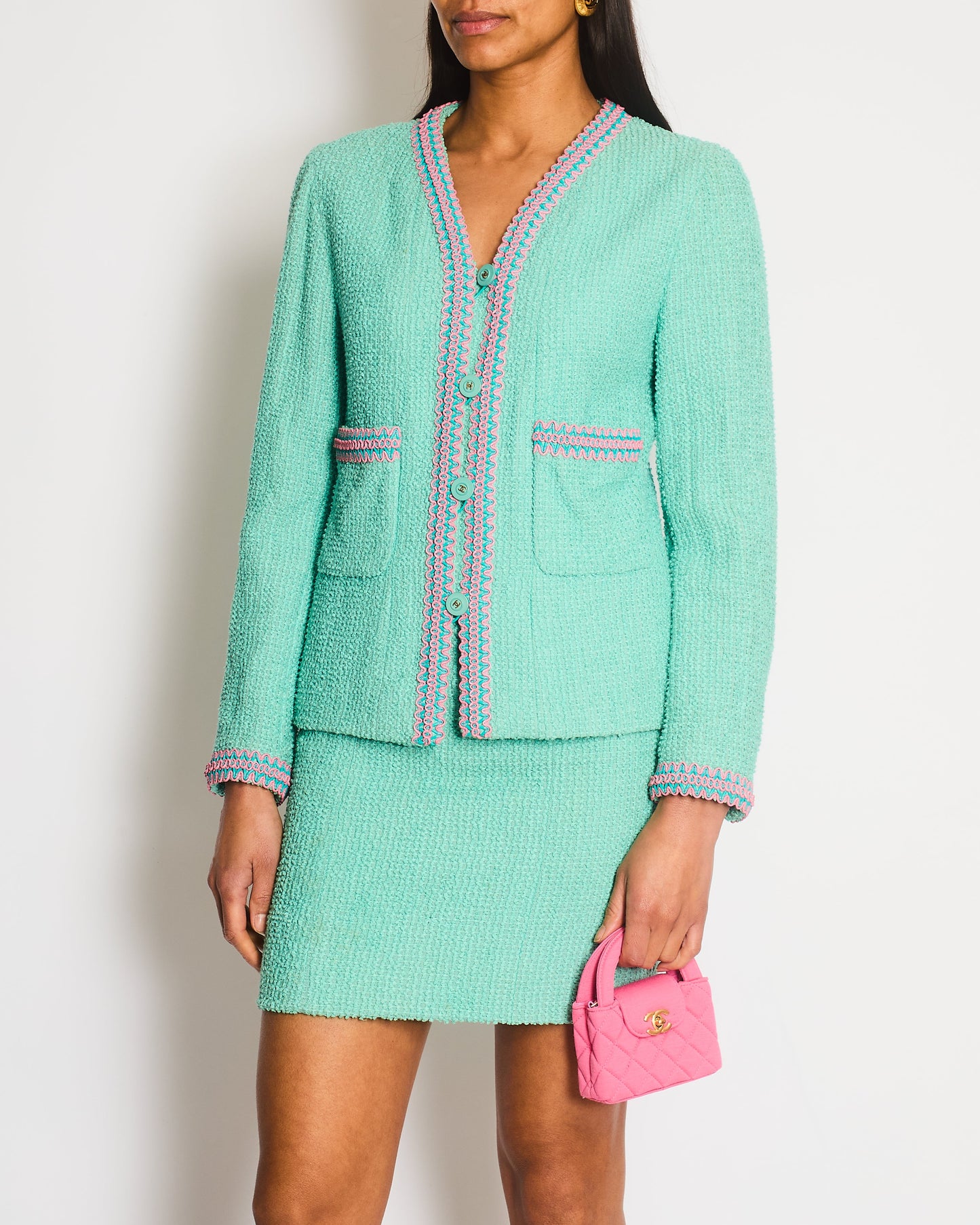 Chanel 1997 Vintage Mint Green & Pink Tweed Jacket and Skirt Set with Contrasting Stitching Details Size FR 38 (UK 10)