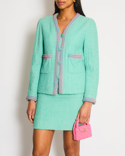Chanel 1997 Vintage Mint Green & Pink Tweed Jacket and Skirt Set with Contrasting Stitching Details Size FR 38 (UK 10)