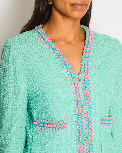 Chanel 1997 Vintage Mint Green & Pink Tweed Jacket and Skirt Set with Contrasting Stitching Details Size FR 38 (UK 10)