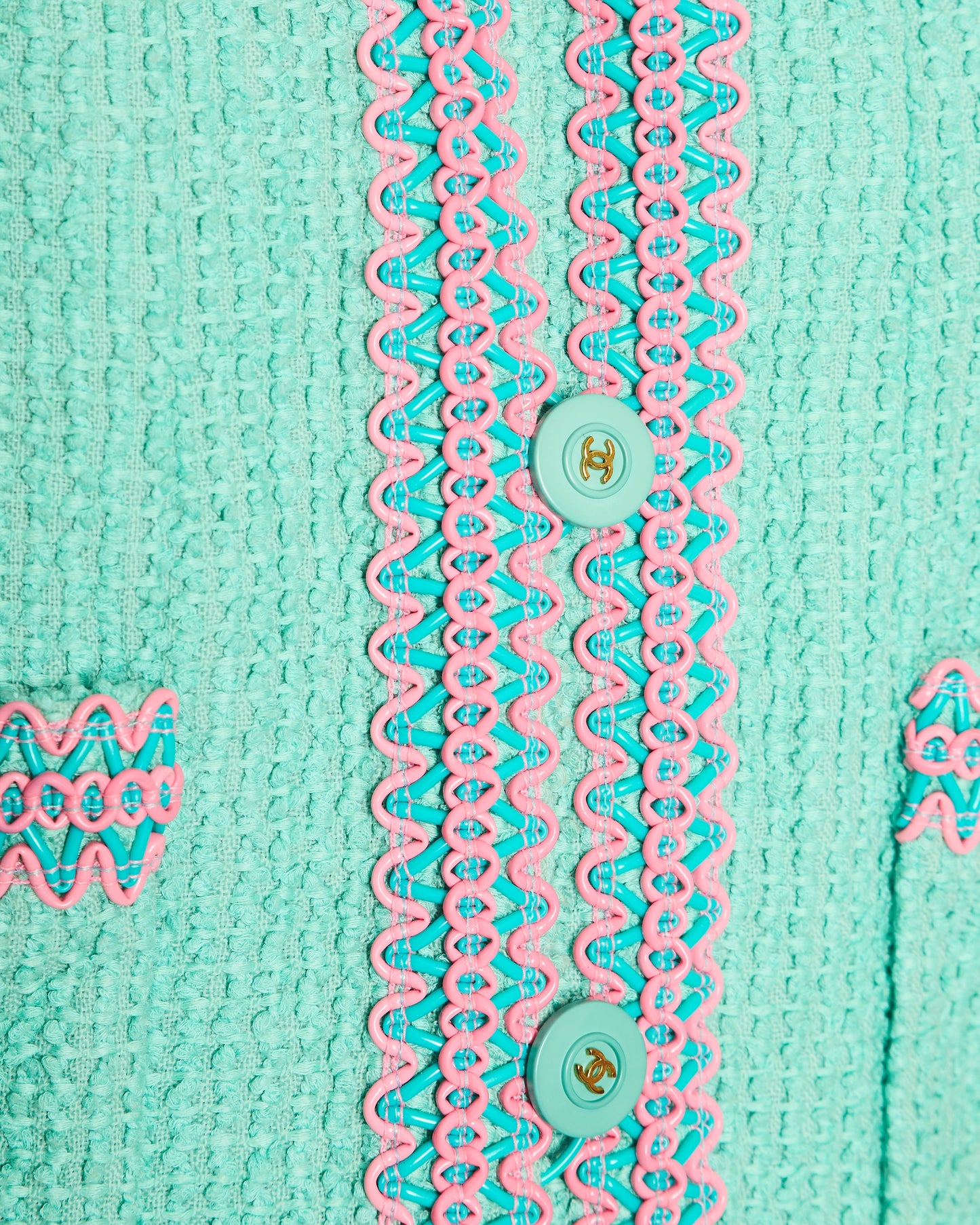 Chanel 1997 Vintage Mint Green & Pink Tweed Jacket and Skirt Set with Contrasting Stitching Details Size FR 38 (UK 10)