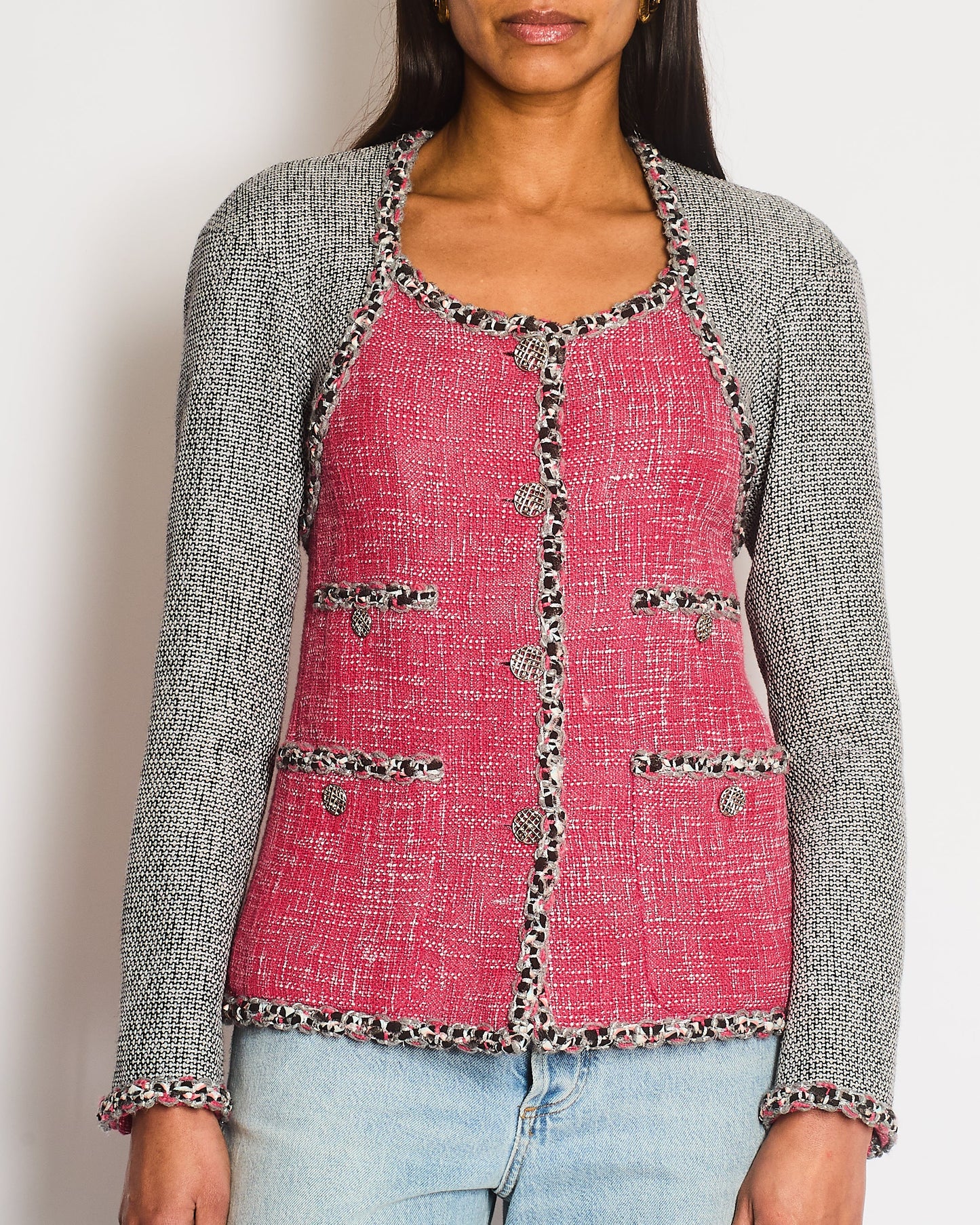 Chanel Pink and Grey Braided Trim Tweed Jacket with CC Logo Button Detailing Size FR 36 (UK 8)