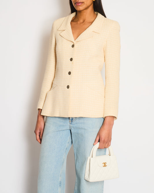 Chanel 00/C White and Peach Check Tweed Long Sleeve Jacket with Brushed Silver Logo Buttons Size FR 38 (UK 10)