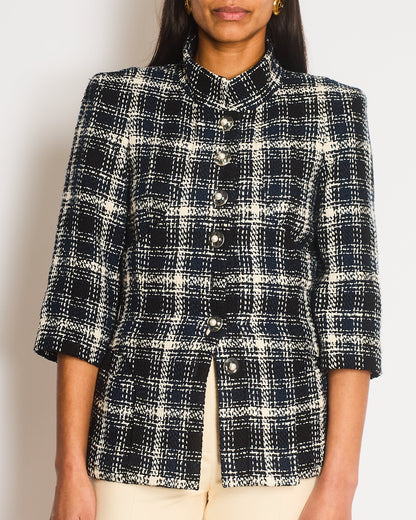 Chanel Navy, White and Black Check Tweed Cropped Jacket with Cropped Sleeves and Clear Pearl Logo Buttons Size FR 36 (UK 8)