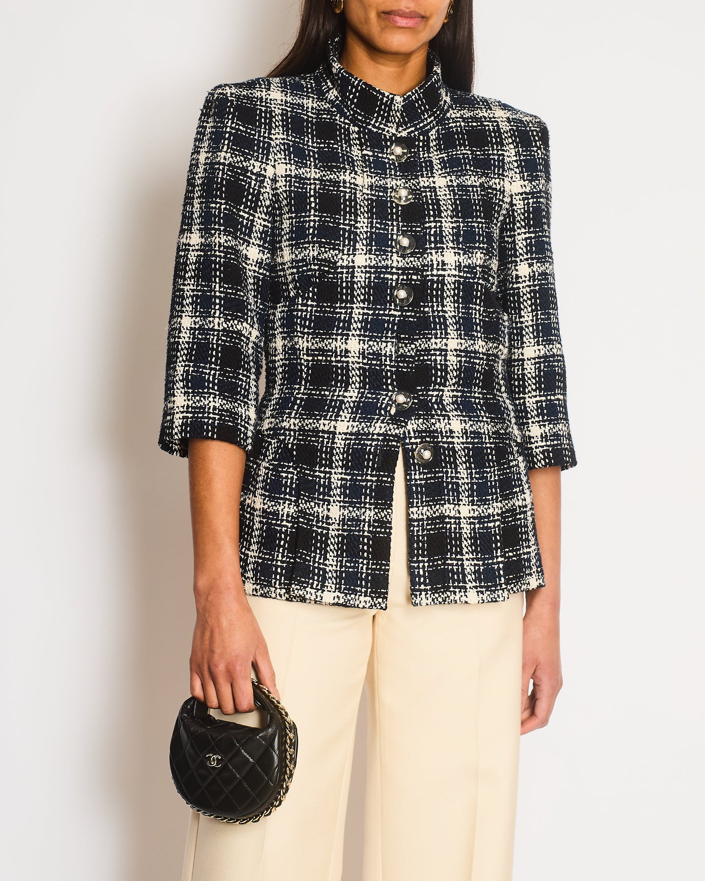 Chanel Navy, White and Black Check Tweed Cropped Jacket with Cropped Sleeves and Clear Pearl Logo Buttons Size FR 36 (UK 8)