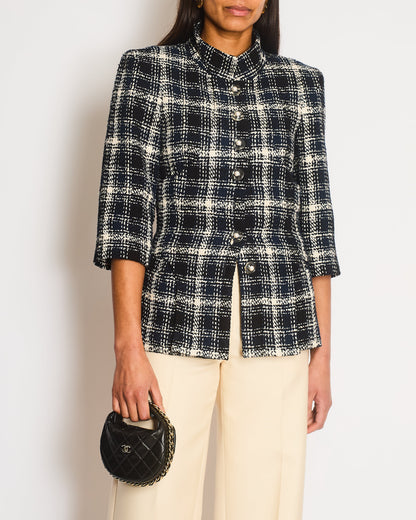 Chanel Navy, White and Black Check Tweed Cropped Jacket with Cropped Sleeves and Clear Pearl Logo Buttons Size FR 36 (UK 8)