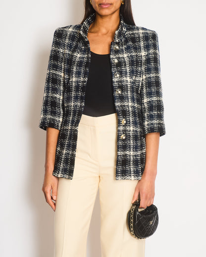 Chanel Navy, White and Black Check Tweed Cropped Jacket with Cropped Sleeves and Clear Pearl Logo Buttons Size FR 36 (UK 8)