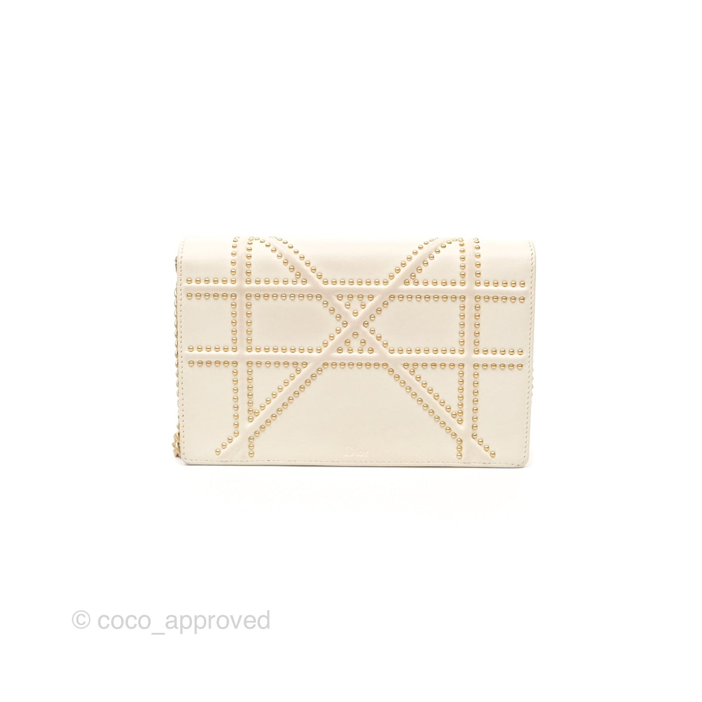 Christian Dior Diorama Wallet on Chain in White Calfskin Studded Gold