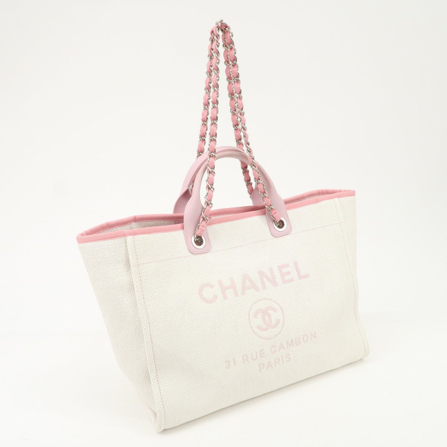 CHANEL Deauville Raffia Leather Chain Tote Bag GM Pink A66941