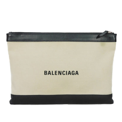 BALENCIAGA Clutch bag 373834 AQ3BN 9260 Cotton canvas x smooth calfskin Natural x Black New logo Navy clip M mens