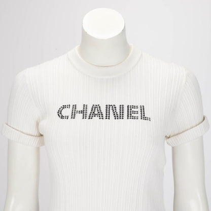 Chanel White Ribbed Cotton Logo Knit Top