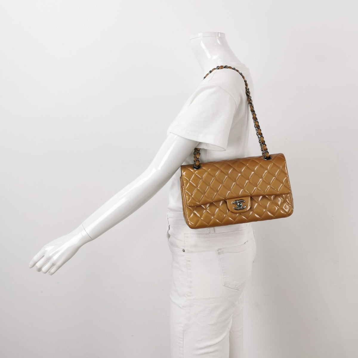 Chanel Timeless Classic Flap Medium Beige Gold Patent Leather Silver Hardware