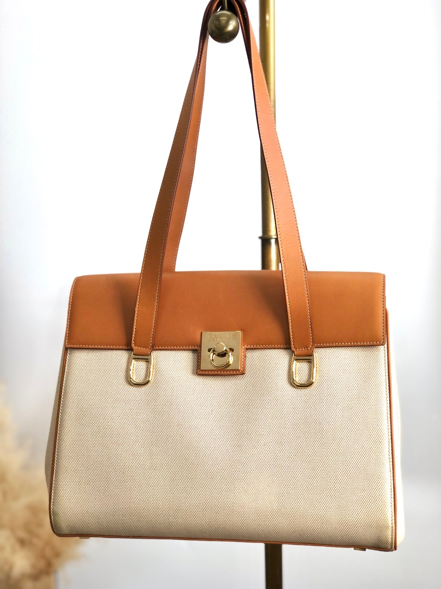 CELINE Gancini Handbag Beige×Brown Vintage hzaany