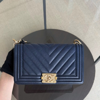 Chanel Boy Medium - Caviar 25CM Chevron Dark Navy Blue Gold Hardware Series 24