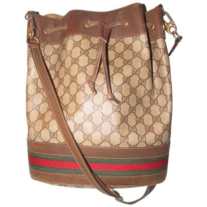 Gucci brown Guccissima print coated canvas & brown leather drawstring top Bucket Bag w red & green striped bottom