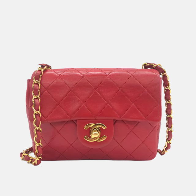 Chanel Vintage Classic Flap Mini Square Red Lambskin 24k Gold HW, 1989-1991
