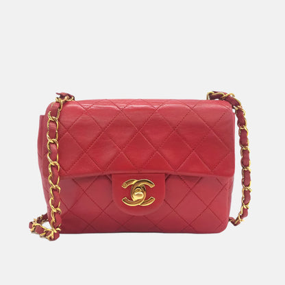 Chanel Vintage Classic Flap Mini Square Red Lambskin 24k Gold HW, 1989-1991