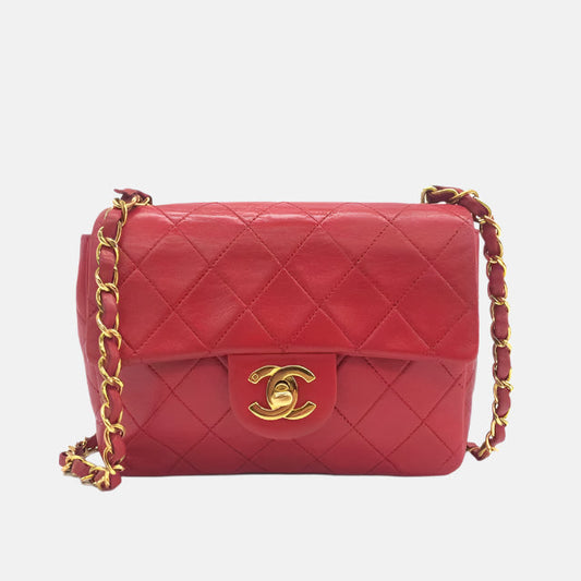 Chanel Vintage Classic Flap Mini Square Red Lambskin 24k Gold HW, 1989-1991
