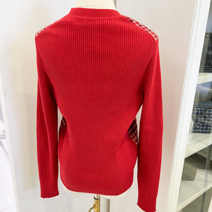 Chanel Pullover with CC Logo Buttons in Checkered Red and Cream Cashmere Size 40