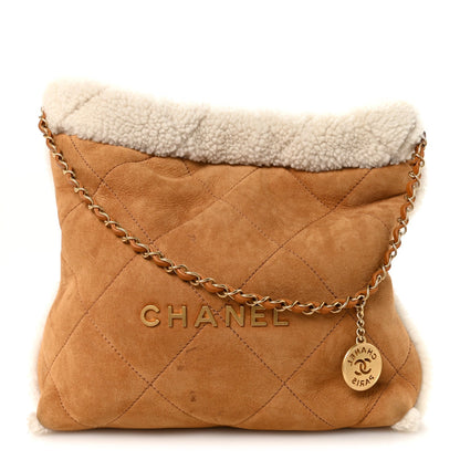 Suede Shearling Quilted Small Chanel 22 Brown White
