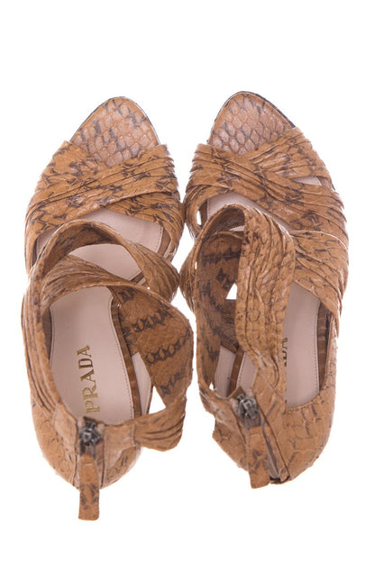 Prada Beige & Brown Python Wrap Heels SZ 40.5