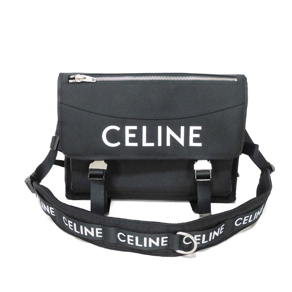CELINE Shoulder Bag 198712DMT.38SI Nylon Black x white logo print Large Messenger mens Used