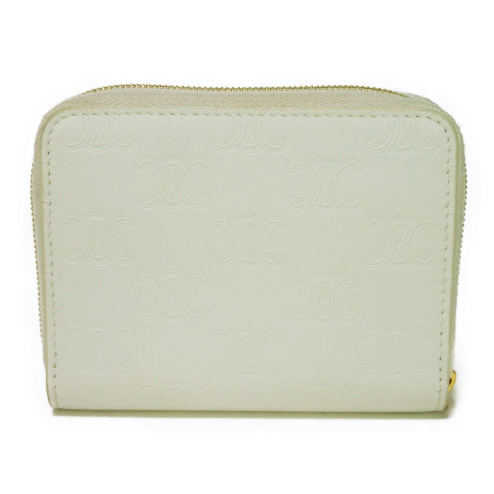 CELINE Coin case 10B663BFU.01BC Smooth calfskin (triomphe embossed) white Triomphe emboss small zip wallet Women(Unisex) Used