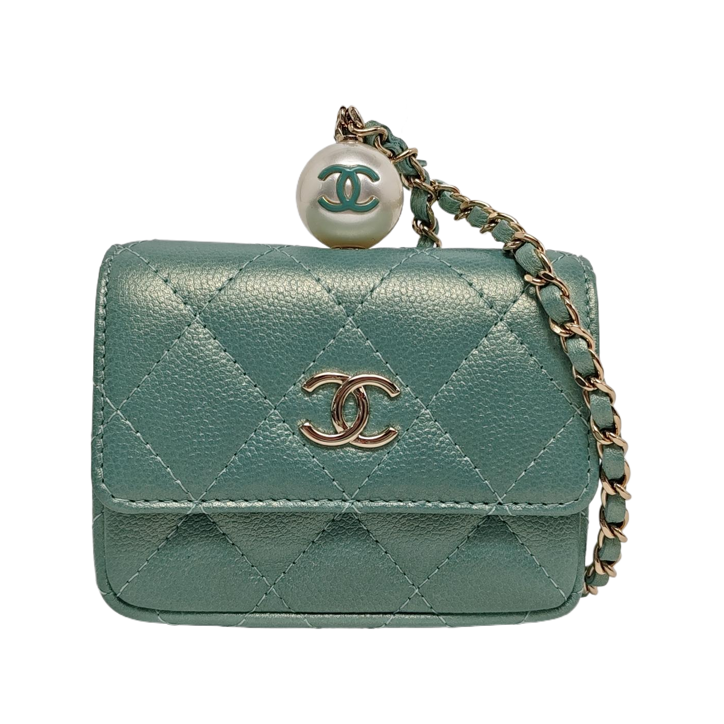 Chanel CC Pearl Coin  Holder with Chain Quilted Green Caviar Leather Gold Hardware 2021
