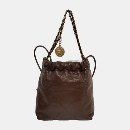 Chanel 22 Hobo Bag Mini Shiny Calfskin Leather Dark Chocolate Brown with Gold-tone Hardware