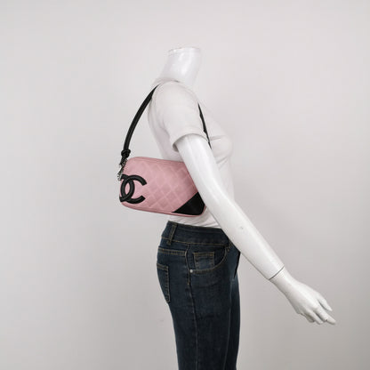 Chanel Cambon Clutch Shoulder Bag Pink Calfskin Leather Black Strap